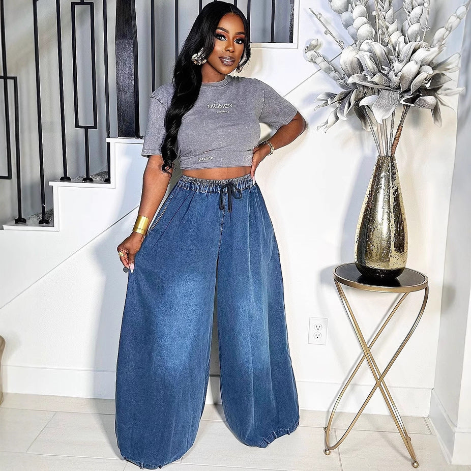 European and american style loose fit jeans - new women's casual streetwear wide leg pants with elastic waistband for  cross-border e-commerce