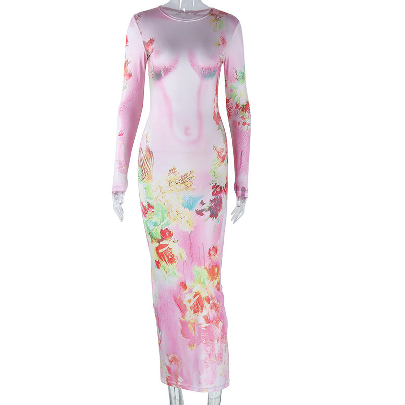 European and American style  fashion printing round neck pullover long sleeve hip wrap long skirt street temperament casual dress women