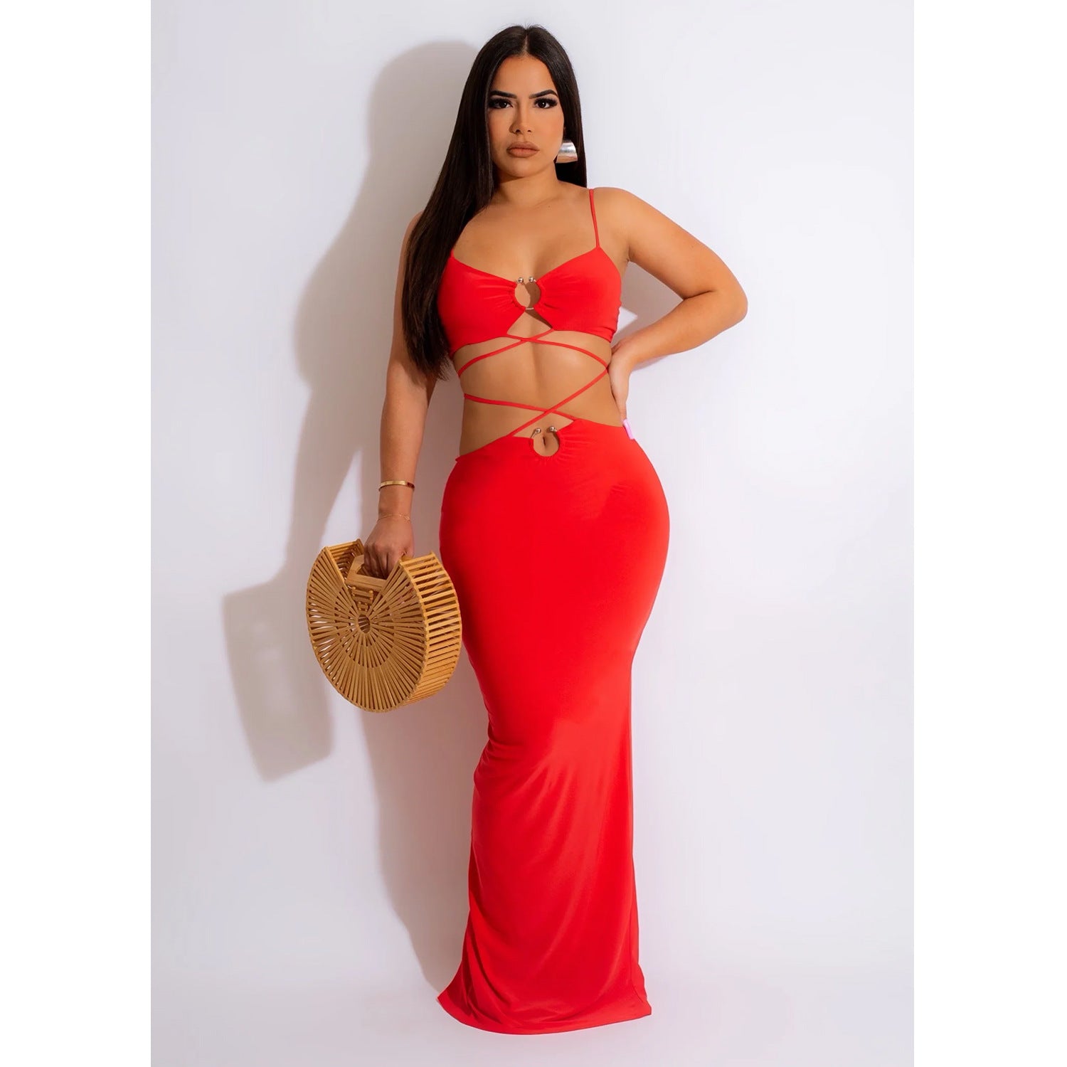 C6309 Cross-border   European and American fashion women's clothing solid color strap iron ring sleeveless long dress dress