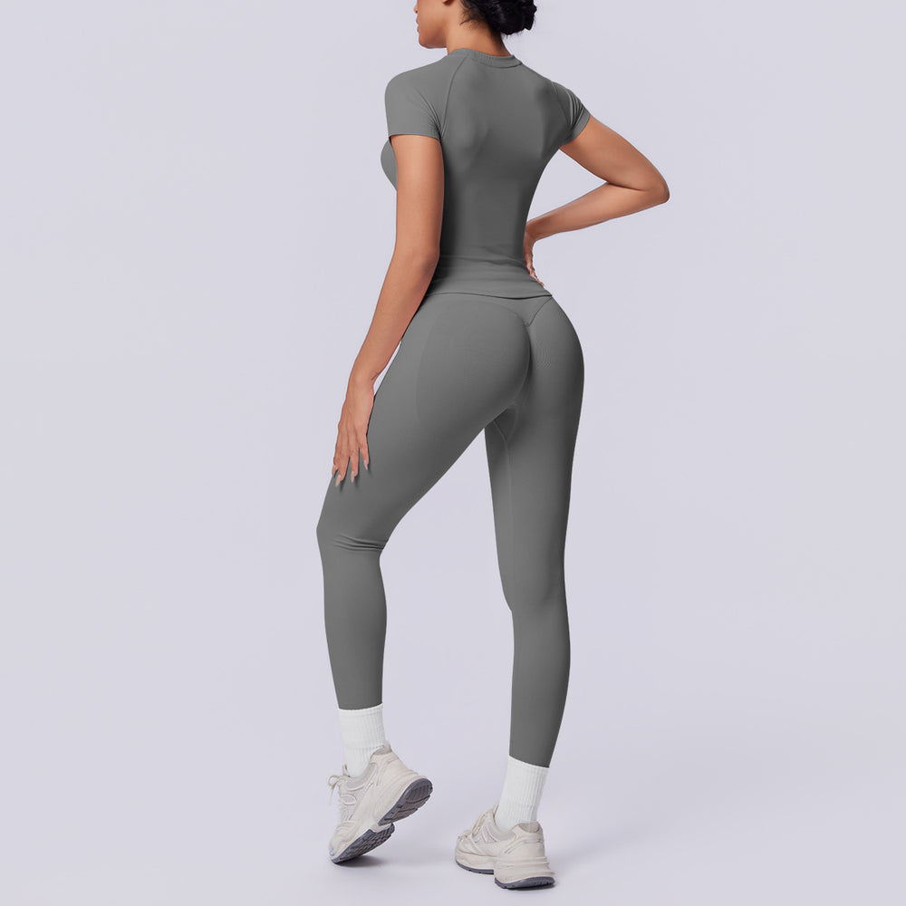 fashion seamless knittingpure color tight breathable long yoga suit sports running fitness two-piece set