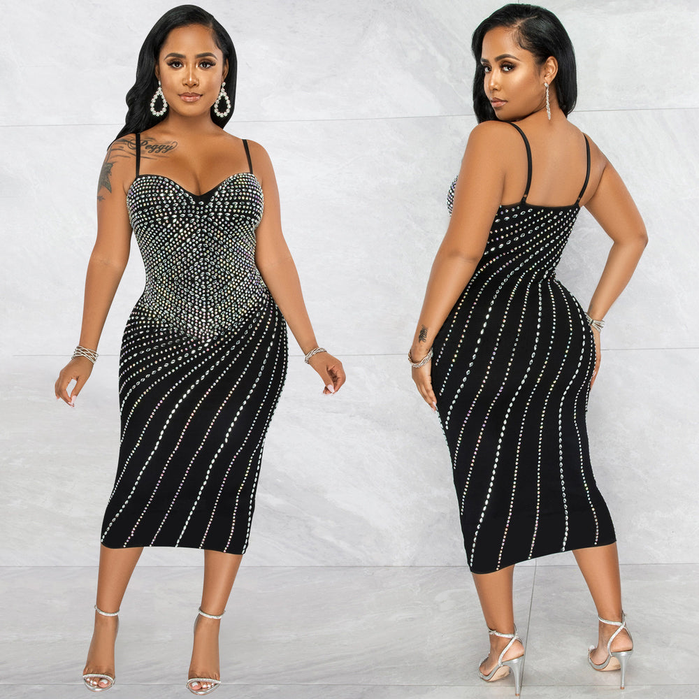 C5680 cross-border new arrivals: european & american women's apparel - , ,  - sexy rhinestone embellished cami dress for nightclubs