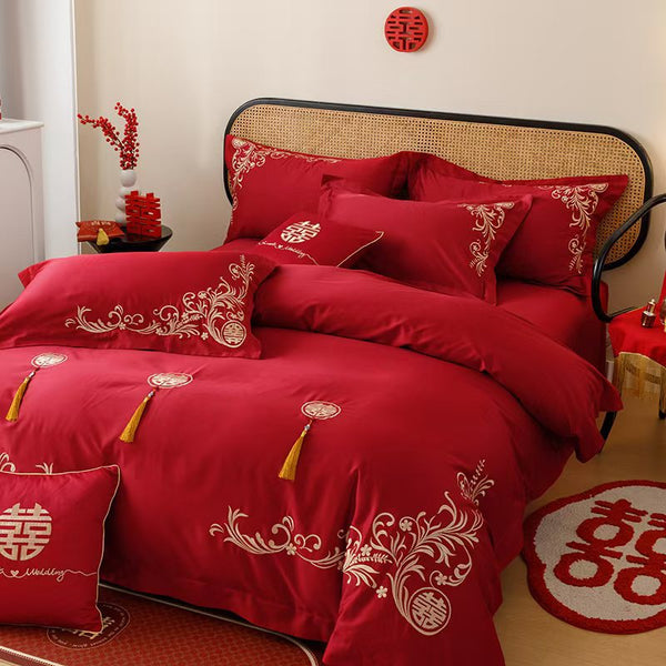 Wedding pure cotton 100 long-staple cotton four-piece set big red embroidered quilt cover cotton 1.8m wedding bedding