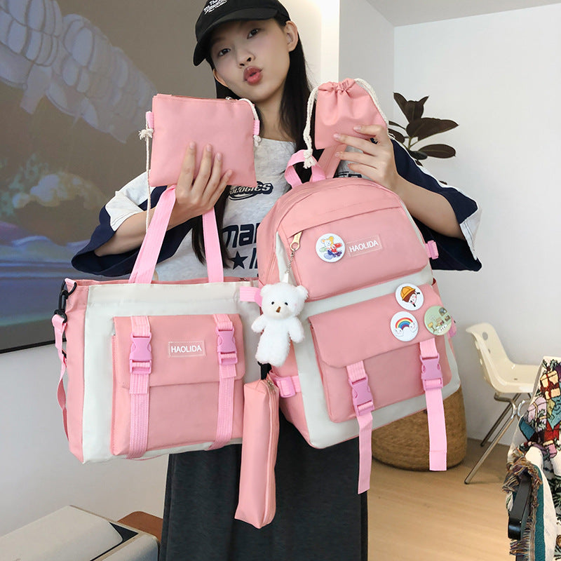 New fashionable contrasting color student schoolbag junior high school large-capacity four-piece backpack class travel backpack make-up bag