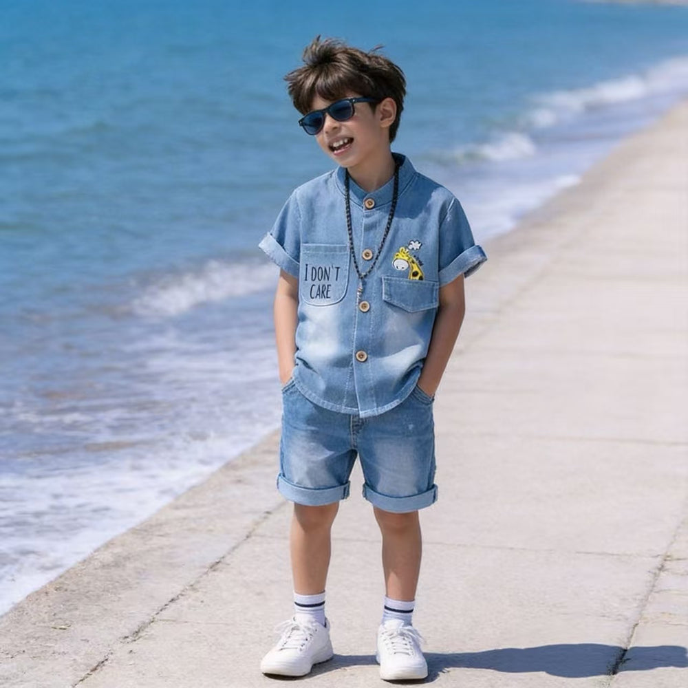 New korean style kids' denim short sleeve set - cartoon deer print shirt + shorts - wholesale boys' clothing