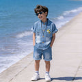 New korean style kids' denim short sleeve set - cartoon deer print shirt + shorts - wholesale boys' clothing