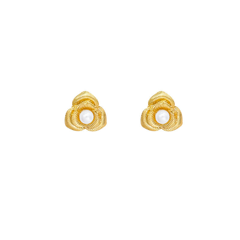 French chic floral pearl metal texture stud earrings - minimalist, unique, and versatile fashion earrings for women