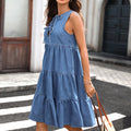 Fashion cross-border foreign trade  washed sleeveless tie back denim cake round neck layered stitching loosedress