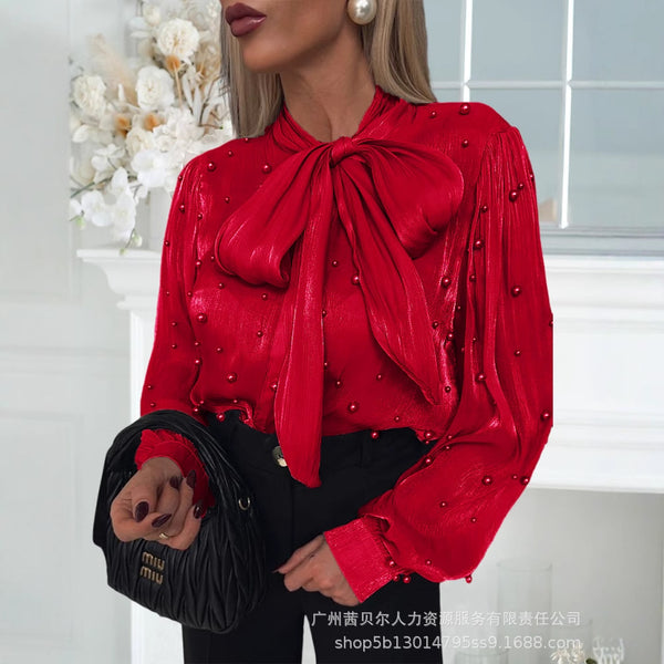 LZR19077 European and American women's clothing new red perspective organza bubble bead collar strap shirt European and American style