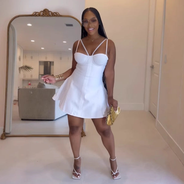 S10908 European and American sexy suspender waist splicing micro-pull mini dress