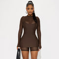 European and american women's clothing  autumn new solid color long sleeve mesh patchwork jumpsuit camisole dress set wholesale