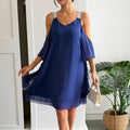 Real shot of export cross-border 1688summer women's off-shoulder chiffon pure colorv neckelegancefashiondress