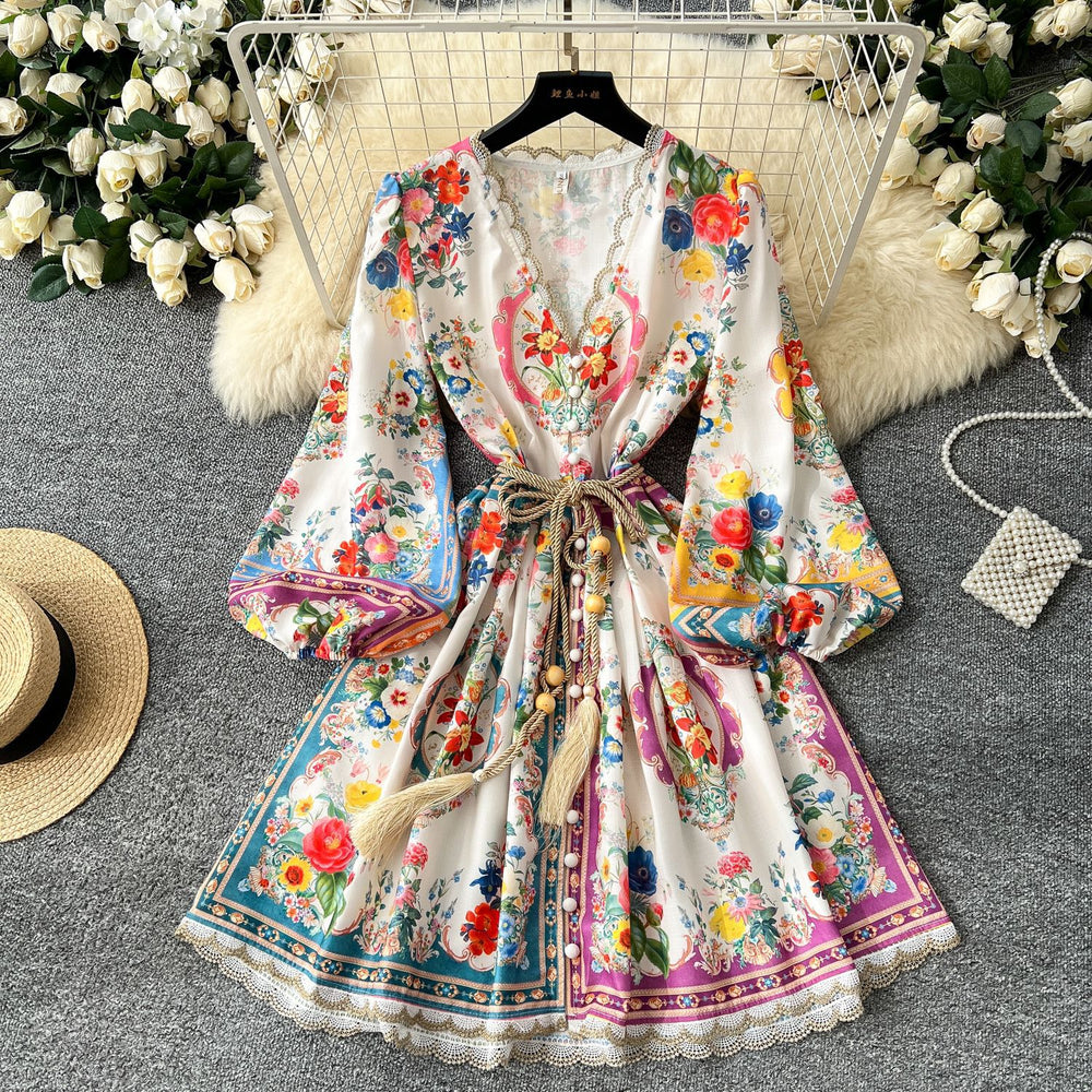 French court style high-end printed bubble sleeve dress - women's v-neck tie-waist elegant a-line ruffle skirt