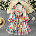French court style high-end printed bubble sleeve dress - women's v-neck tie-waist elegant a-line ruffle skirt