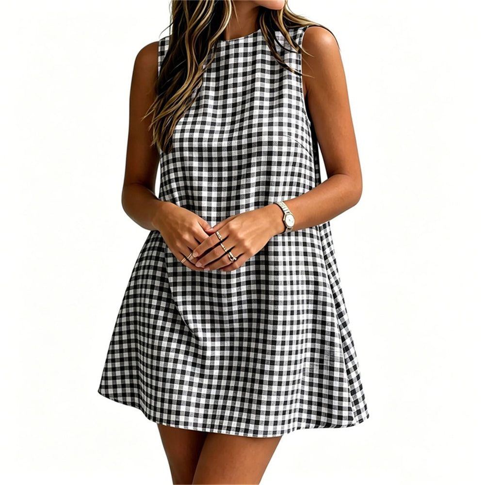 european and american cross-border  summer new women's plaid round neck sleeveless back zipper casual dress