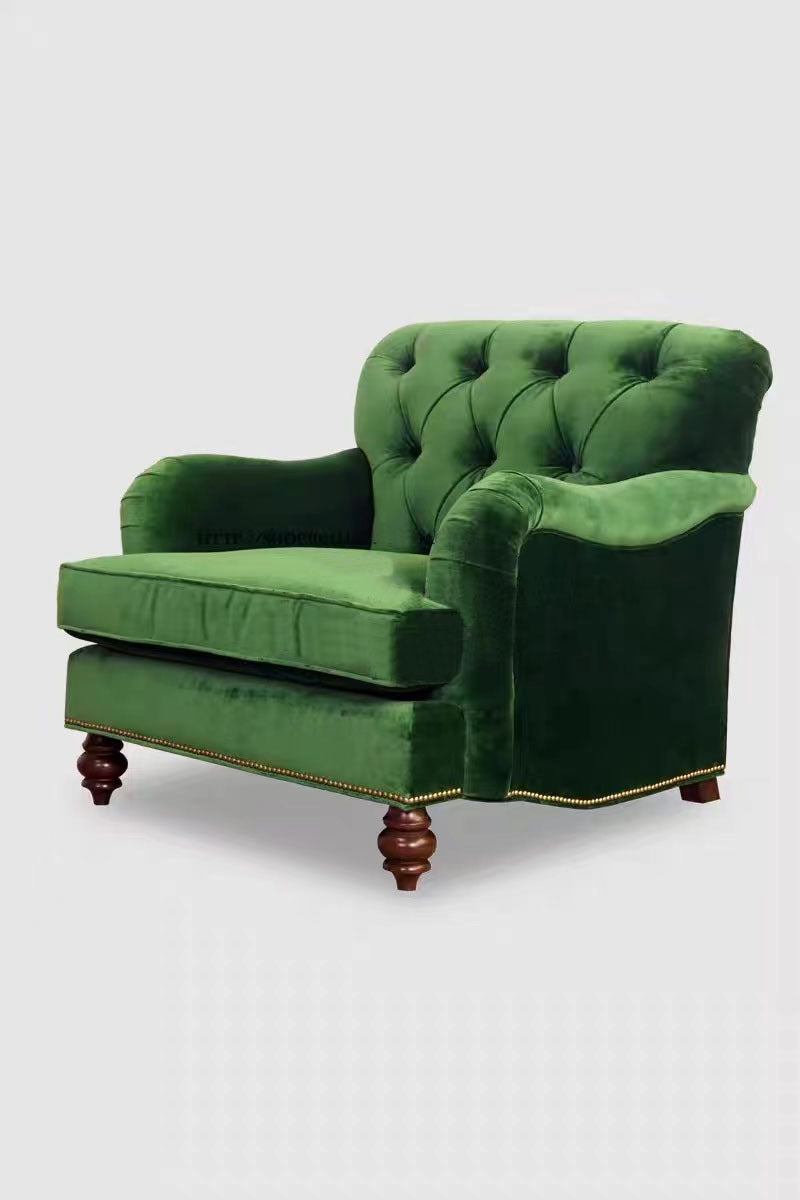 American light luxury solid wood living room fabric sofa dark green French retro single leisure chair hotel balcony single chair