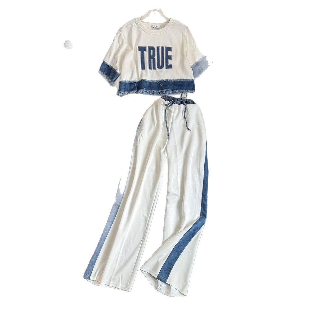 summer women's loose fit short sleeve pullover top and wide leg pants color block two-piece activewear set
