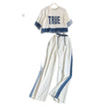 summer women's loose fit short sleeve pullover top and wide leg pants color block two-piece activewear set