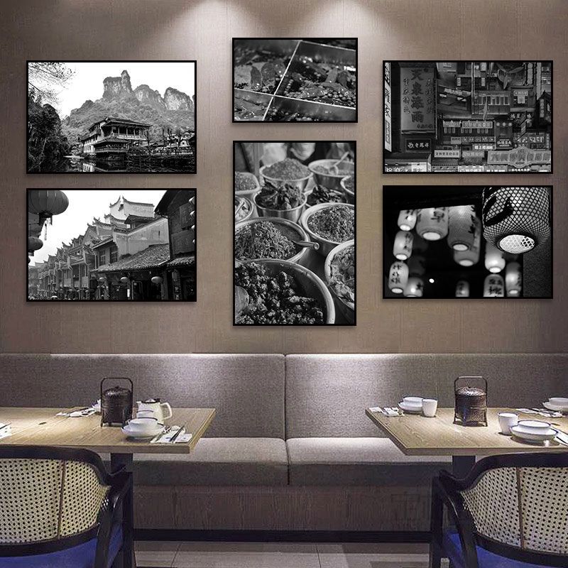 Hunan restaurant hanging paintings old Changsha Chinese hotel restaurant box hanging paintings retro nostalgic Hunan black and white architectural murals