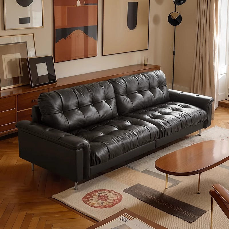 Retro black leather sofa, medieval style living room, small apartment, down designer straight row three-slot nebula sofa