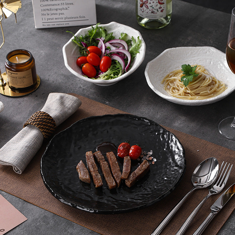 Rock texture minimalist ceramic western dinnerware black and white bowls plates dishes restaurant hotel high-end plating fruit salad bowl