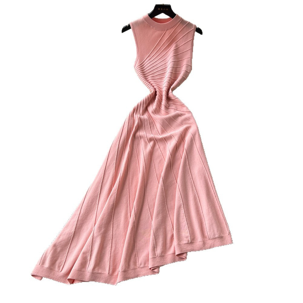French chic sleeveless knit irregular hem dress - women's summer retro a-line dress - slimming, elegant, and versatile workwear maxi dress