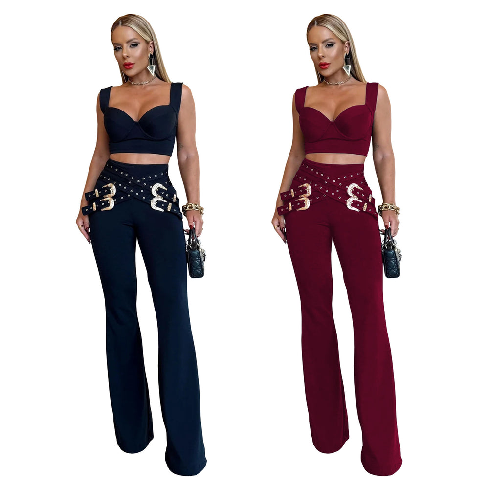 C7540 cross-border   fashion women's sexy casual eyelet button top and pants set
