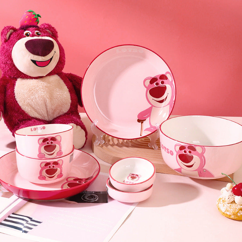 Cartoon Ceramic Bowl Premium Tableware Gift Box Gift High Value Bowl Plate Household Children's Rice Bowl Strawberry Bear Set