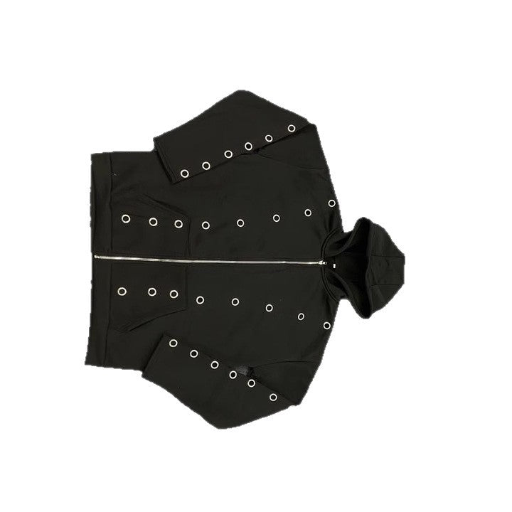 Fashion cross-border trend iron ring cut out men's and women's same style loosecardigan zipper hooded sweatshirt eyelet designsuit
