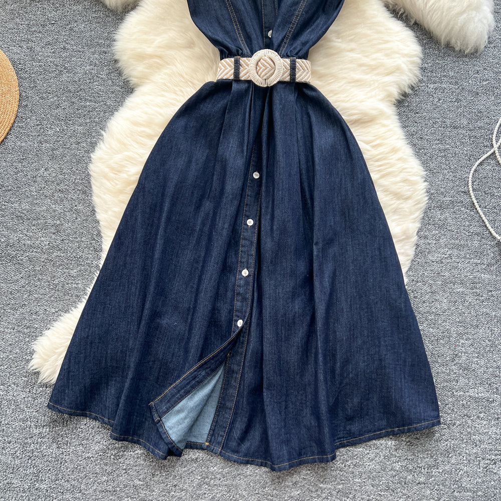 Women's summer dress  new korean style fashion turn-down collar sleeveless single-breasted cinched waist denim shirt maxi dress