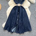 Women's summer dress  new korean style fashion turn-down collar sleeveless single-breasted cinched waist denim shirt maxi dress