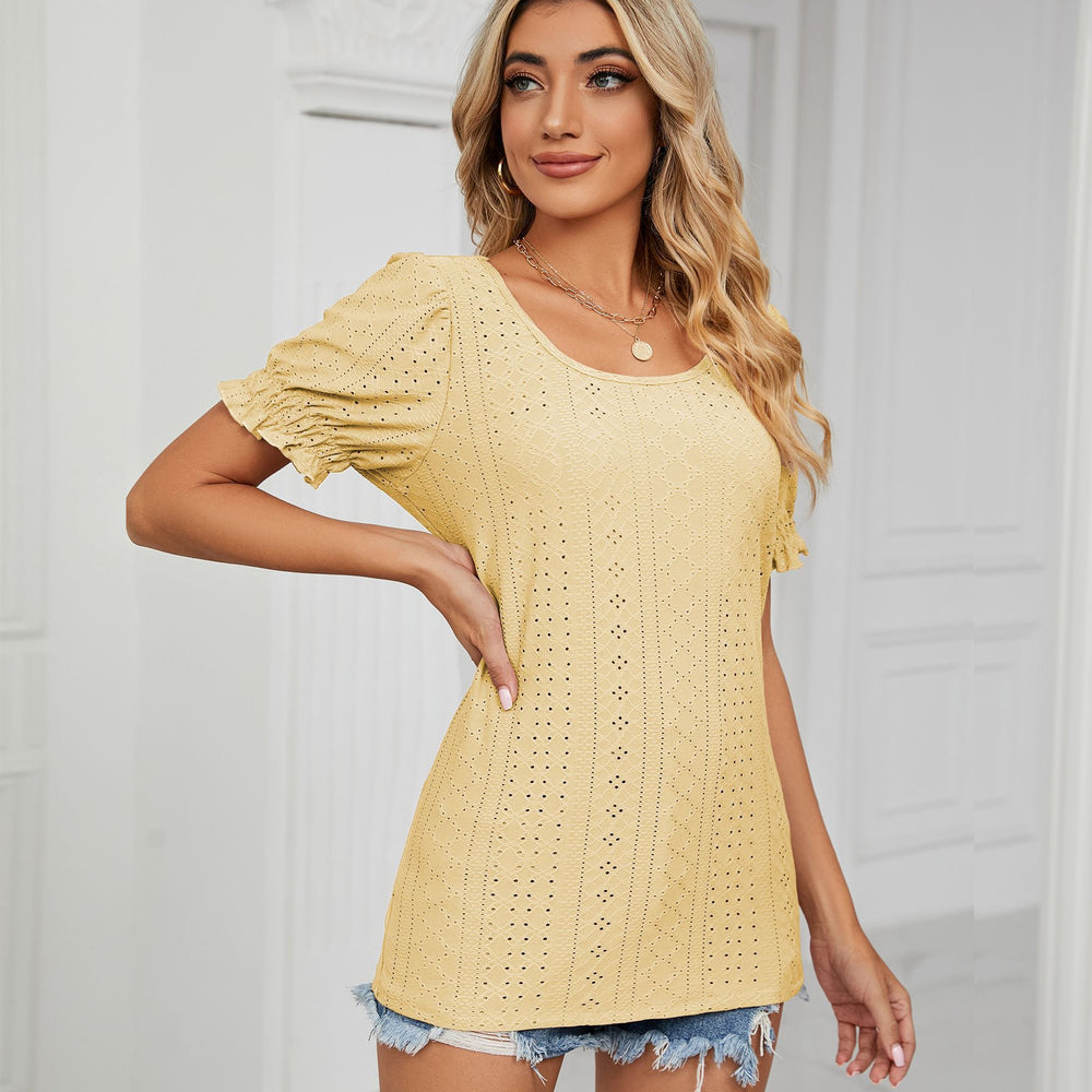 Ebay fashion cross-border export  summer  new arrival pure color cut out princess sleeve u-neck short sleeve tops women
