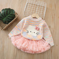 Girls' winter sweater: thickened inner layer with cartoon kitten design, knitted base layer, fleece-lined option, can be paired with a tutu skirt, crew neck