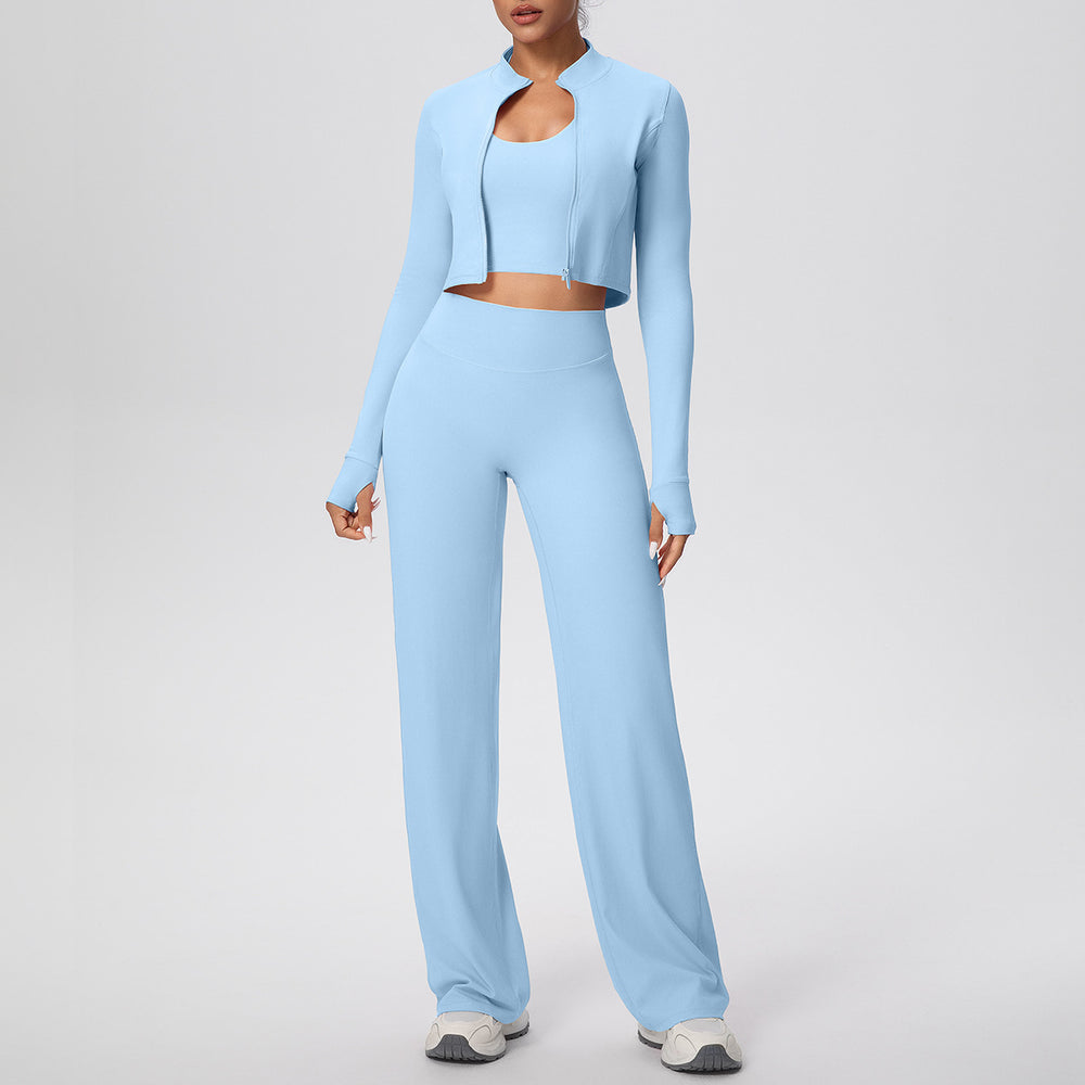 pure color brushed tight halter vest wide-leg long three-piece set sports running fitness yoga clothes suit