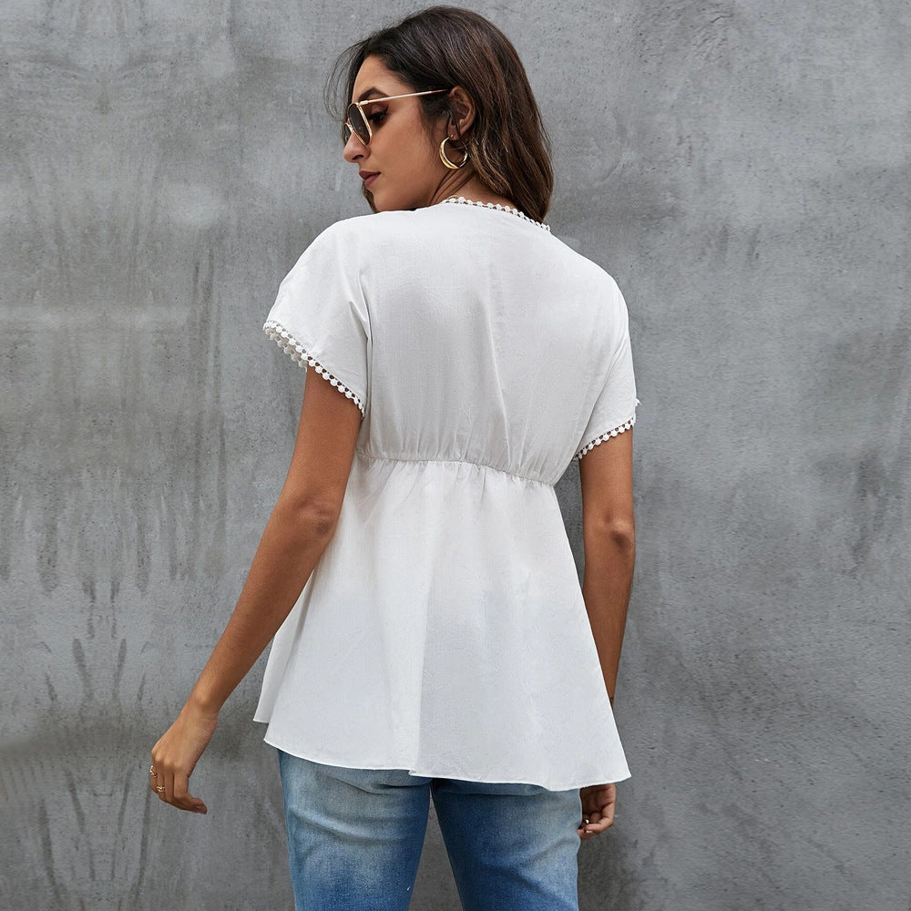 European and American  sweet wind V-neck bat sleeve loose temperament T-shirt spring new pullover solid color short-sleeved top women