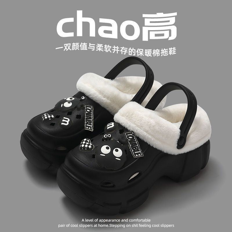 Fleece-lined cotton clogs for women, autumn and winter inner lining, 2024 new style, outer wear, height-increasing thick sole, furry cotton slippers for winter