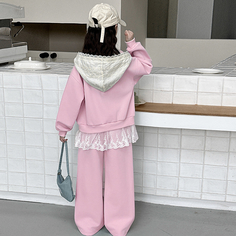 Girls' outfit set -  autumn new arrival - stylish and casual lace hooded jacket & wide-leg pants tracksuit two-piece set (big kids)