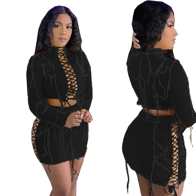 spring new european and american export women's clothing   fashionable sexy solid color drawstring mini skirt set