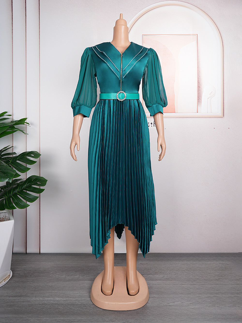 export fashion pleated skirt elegant commute  african women's plus size curvy dress with belt