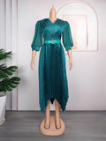 export fashion pleated skirt elegant commute  african women's plus size curvy dress with belt