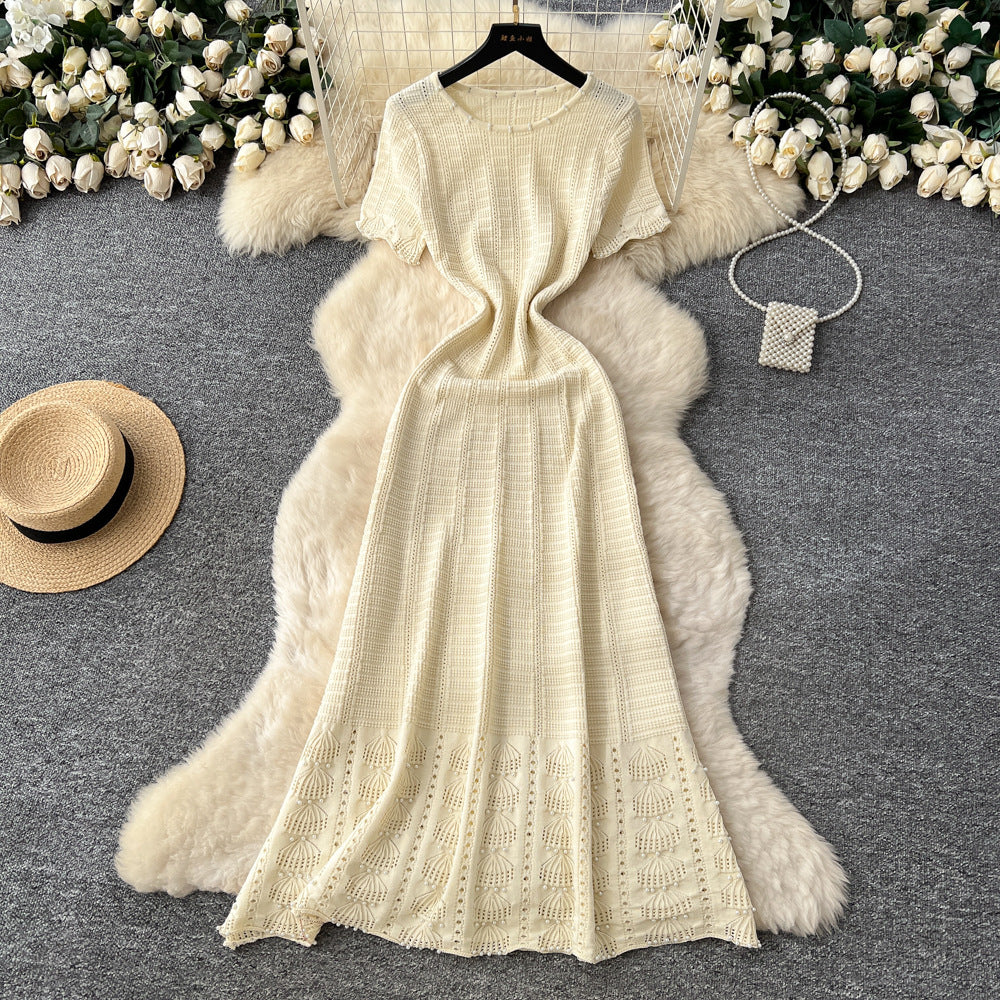 French chic high-end beaded round neck short sleeve hollow-out knit dress - women's slimming waist sweater dress