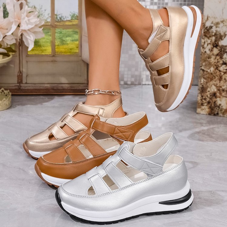 summer new arrival: wedge heel sandals - closed toe, hollow-out design, breathable, women's export style, plus size platform chunky sole, velcro closure