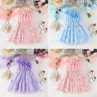 exclusive supply of fashionins lotus leaf oblique shoulder suspender craft gauze dress baby girl skirt one piece dropshipping