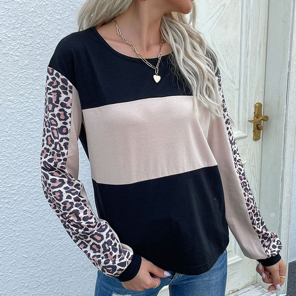Independent Station Autumn New European and American Fashion Loose Casual Top Leopard Print Splicing Long Sleeve T-Shirt Women