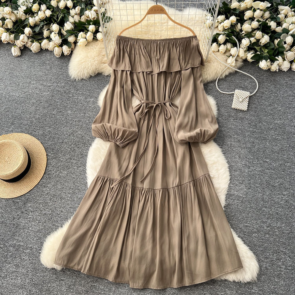 French chic one-shoulder ruffle trim lantern sleeve bodycon midi dress