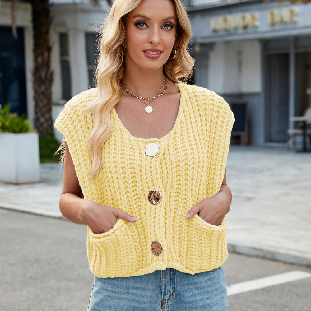 Fashion cross-border women's clothing  independent station new v-neck three-button sleeveless cardigan sweater vest