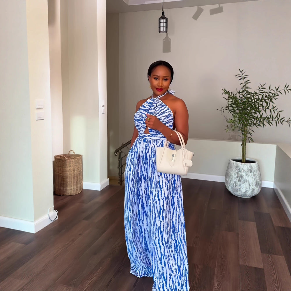 European and american cross-border women's winter  new sleeveless halter neck tie-up printed backless cinched waist wide leg jumpsuit