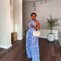 European and american cross-border women's winter  new sleeveless halter neck tie-up printed backless cinched waist wide leg jumpsuit