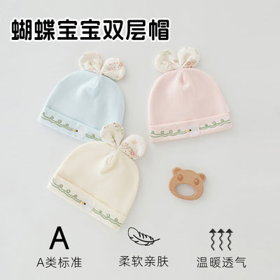 Skin-friendly cotton newborn hat, soft fetal cap, cute and comfortable baby hat, small butterfly design, one size fits all, double layer hat