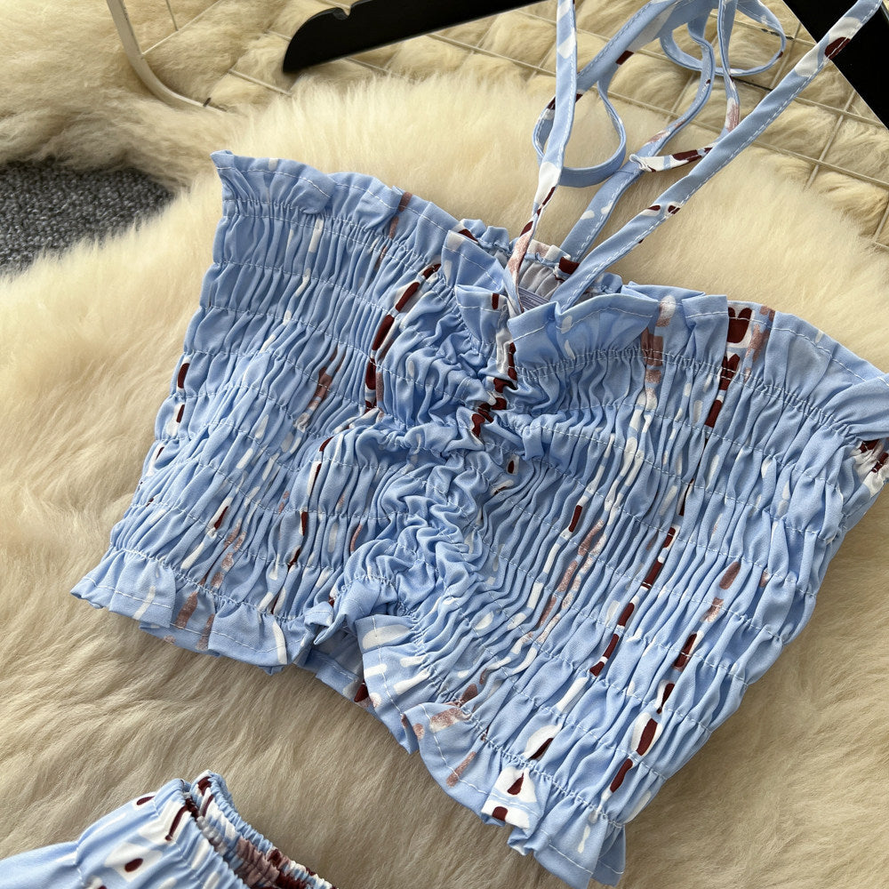 Korean style commute chic two-piece set: women's summer printed tank top and wide-leg pants outfit - high-waisted, slimming, and fashionable