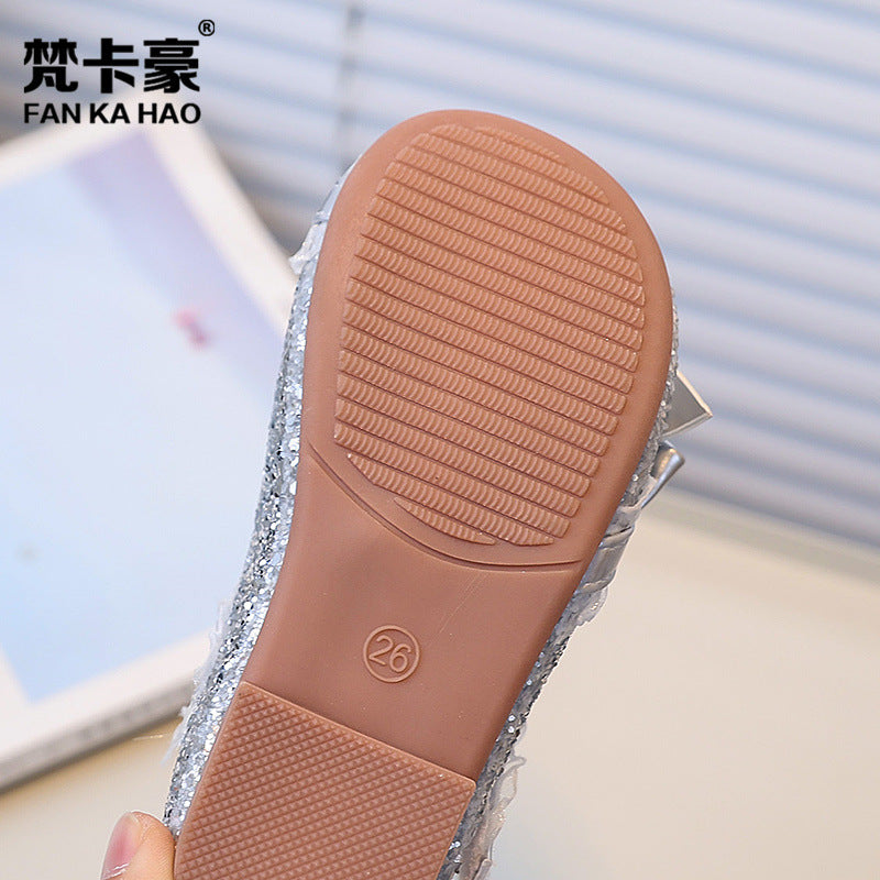 Vancahao girls' fashion sequin bow princess shoes, new korean style children's single shoes and dance shoes for spring/autumn